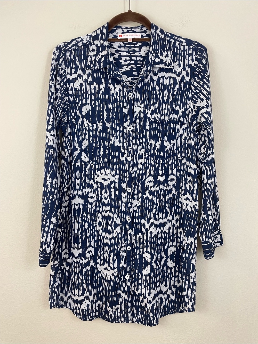 Jude Connally Navy Ikat Print‎ Cotton  Long Sleeves Longline Button Up Shirt S